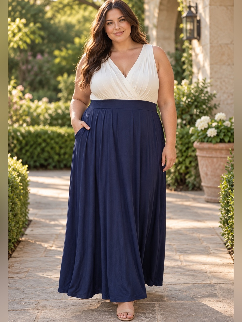 Torrid Maxi Dress Women’s Size 5 5X 28 Navy White V-Neck Sleeveless Pockets NWT